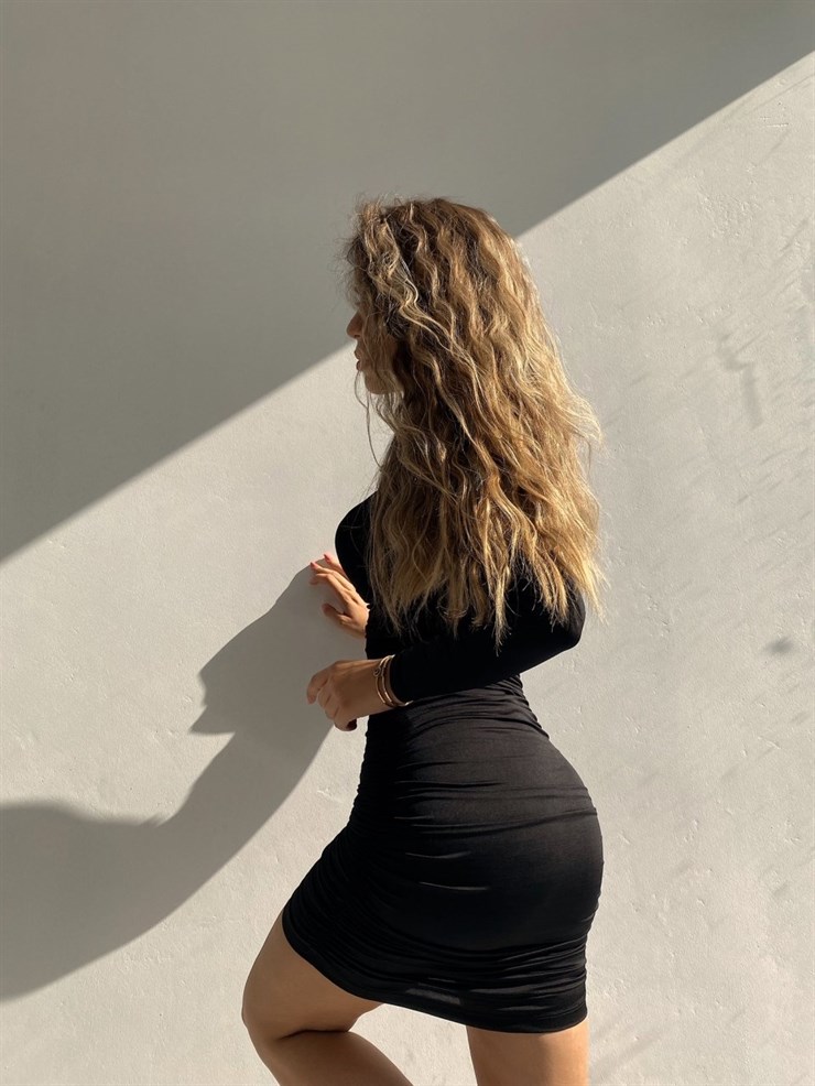 Likralı Kalp Yaka Drape Eloi Drape Kadın Siyah Elbise 21Y000564