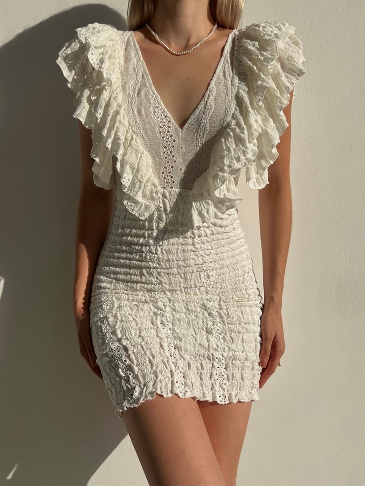 Likralı Omuzları Fırfırlı Mini Boy Preston Kadın Beyaz Fistolu Elbise 22Y000248