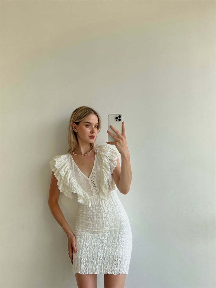 Likralı Omuzları Fırfırlı Mini Boy Preston Kadın Beyaz Fistolu Elbise 22Y000248