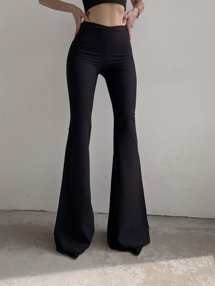 Likralı Yüksek Bel İspanyol Paça Kadın Siyah Pantolon 22K000111