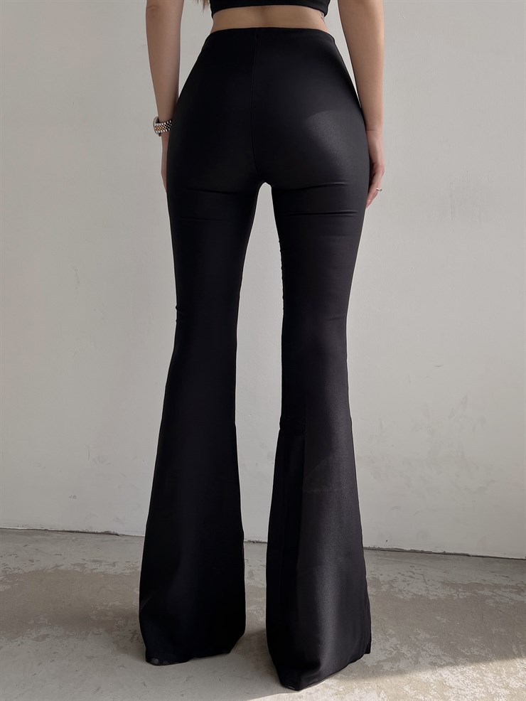 Likralı Yüksek Bel İspanyol Paça Kadın Siyah Pantolon 22K000111