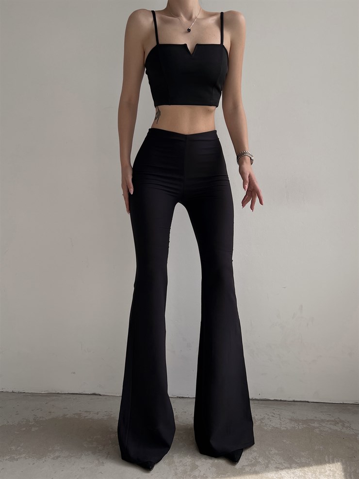 Likralı Yüksek Bel İspanyol Paça Kadın Siyah Pantolon 22K000111