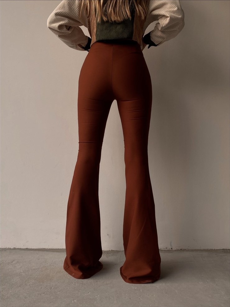 Likralı Yüksek Bel İspanyol Paça Kadın Kahverengi Pantolon 22K000111