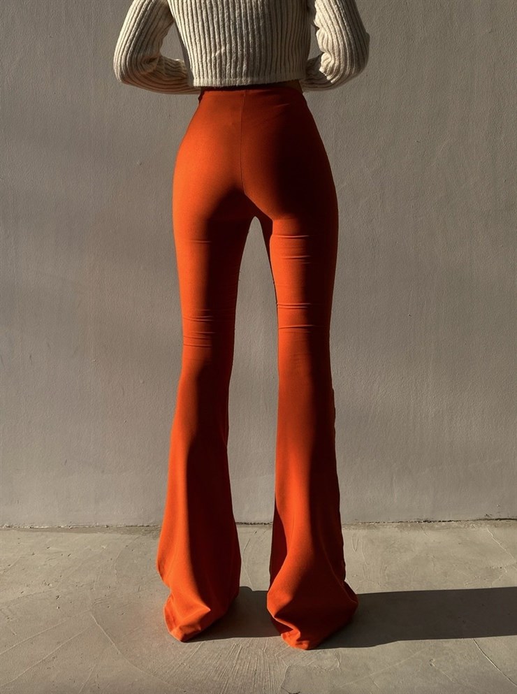 Likralı Yüksek Bel İspanyol Paça Kadın Kiremit Pantolon 22K000111