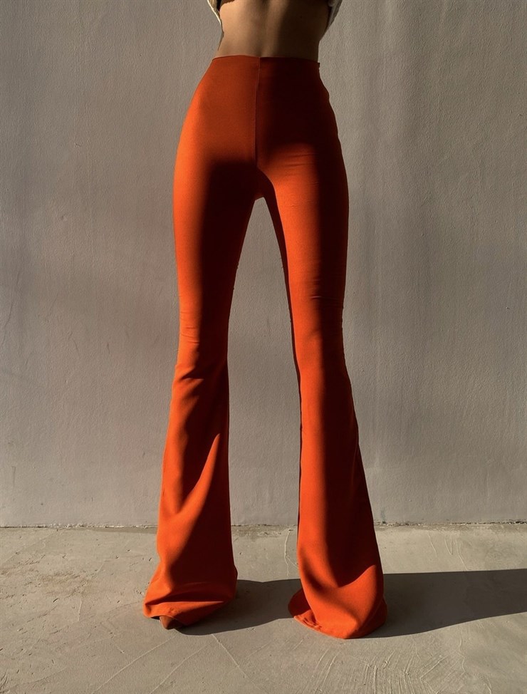 Likralı Yüksek Bel İspanyol Paça Kadın Kiremit Pantolon 22K000111