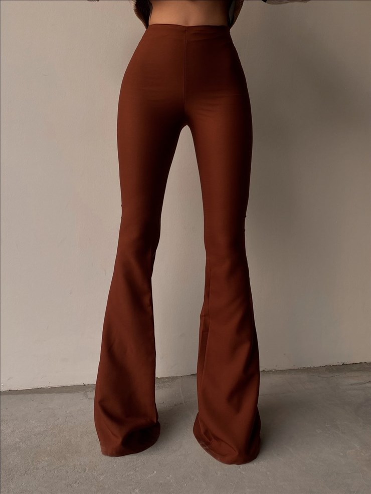 Likralı Yüksek Bel İspanyol Paça Kadın Kahverengi Pantolon 22K000111