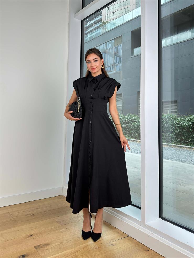 Omuz Vatkalı Gömlek Yaka Önü Düğmeli Belden Oturtmalı Liliana Kadın Siyah Elbise 24Y796