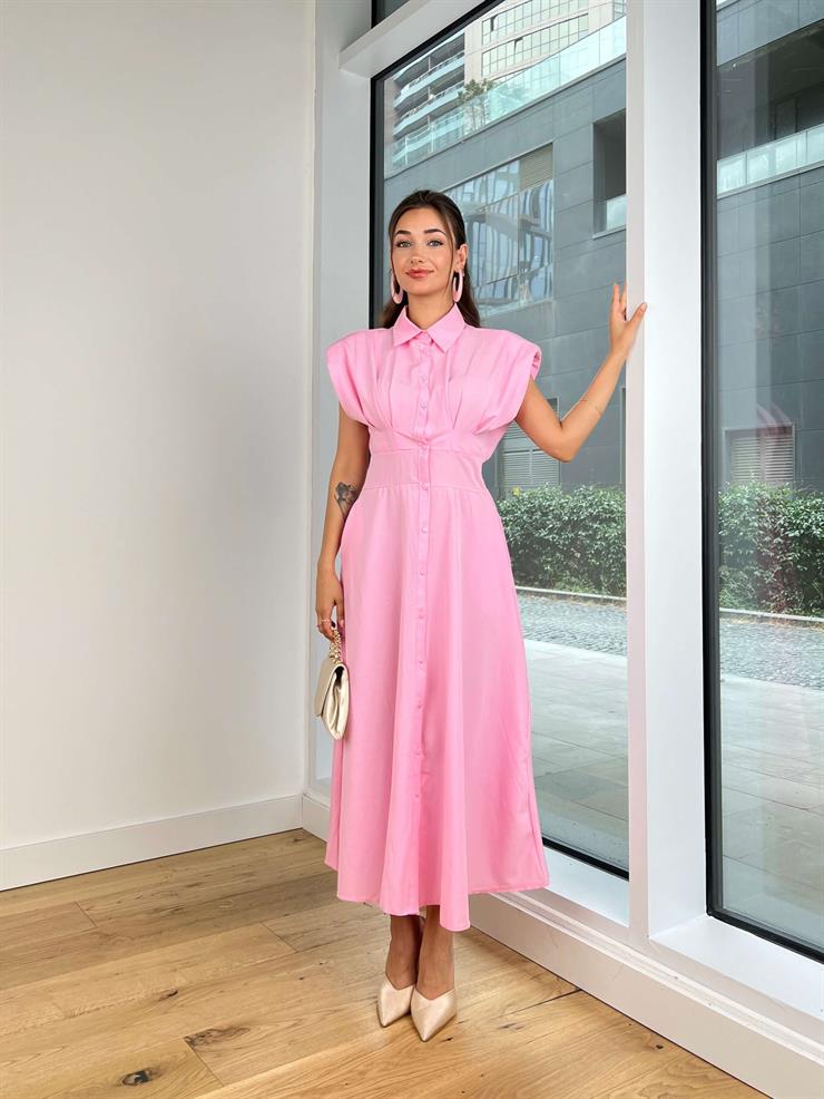 Omuz Vatkalı Gömlek Yaka Önü Düğmeli Belden Oturtmalı Liliana Kadın Pembe Elbise 24Y796