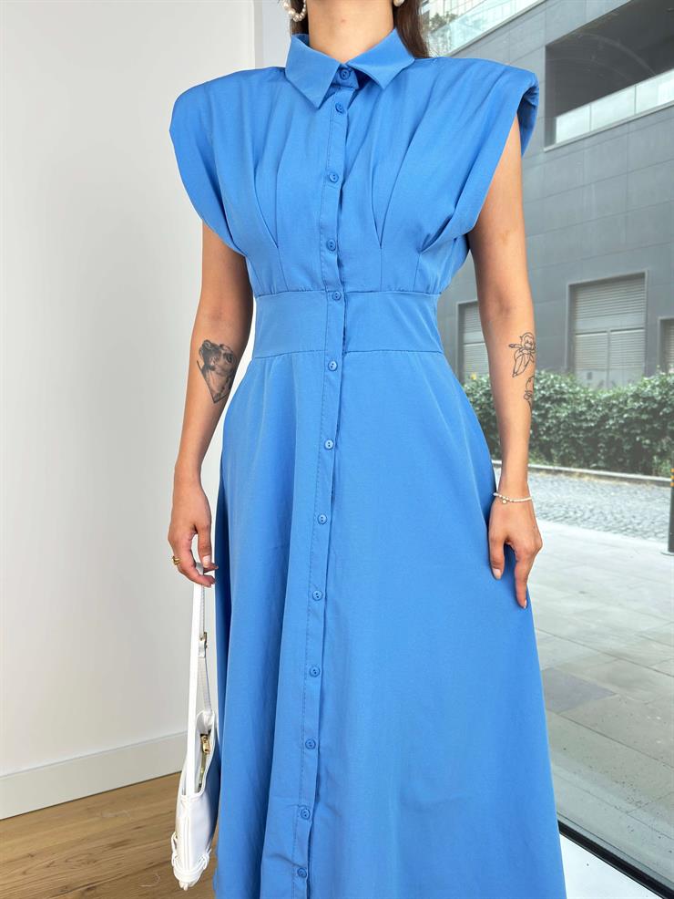 Omuz Vatkalı Gömlek Yaka Önü Düğmeli Belden Oturtmalı Liliana Kadın Mavi Elbise 24Y796