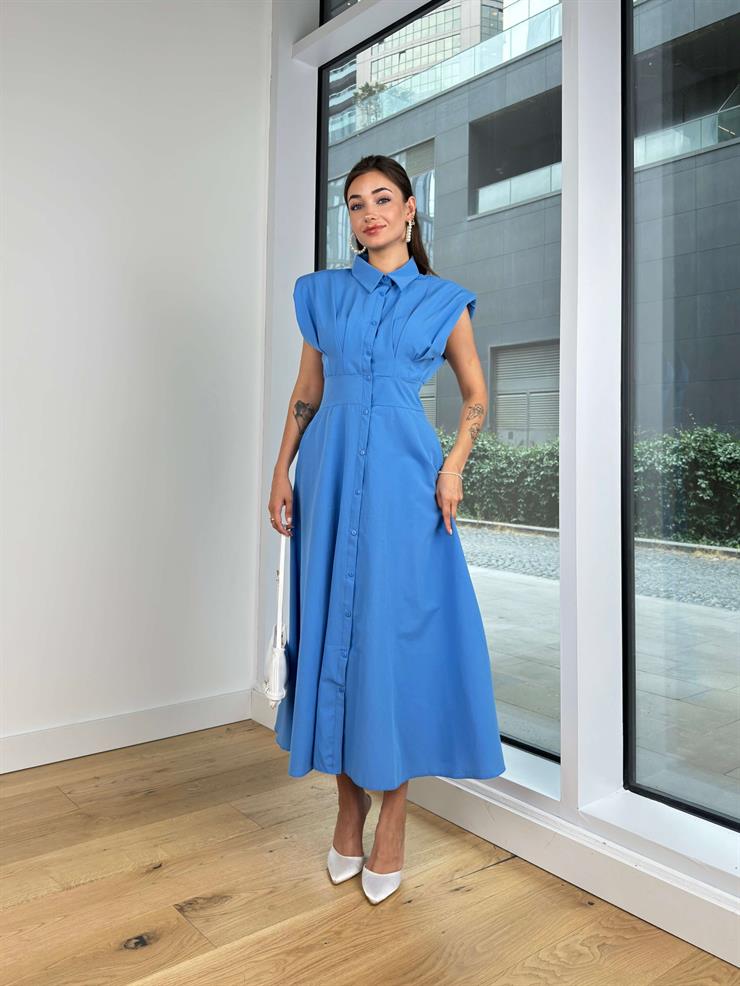 Omuz Vatkalı Gömlek Yaka Önü Düğmeli Belden Oturtmalı Liliana Kadın Mavi Elbise 24Y796