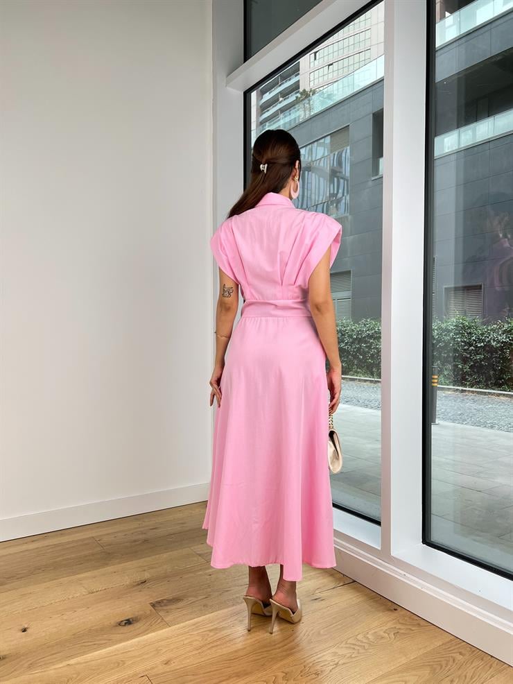 Omuz Vatkalı Gömlek Yaka Önü Düğmeli Belden Oturtmalı Liliana Kadın Pembe Elbise 24Y796