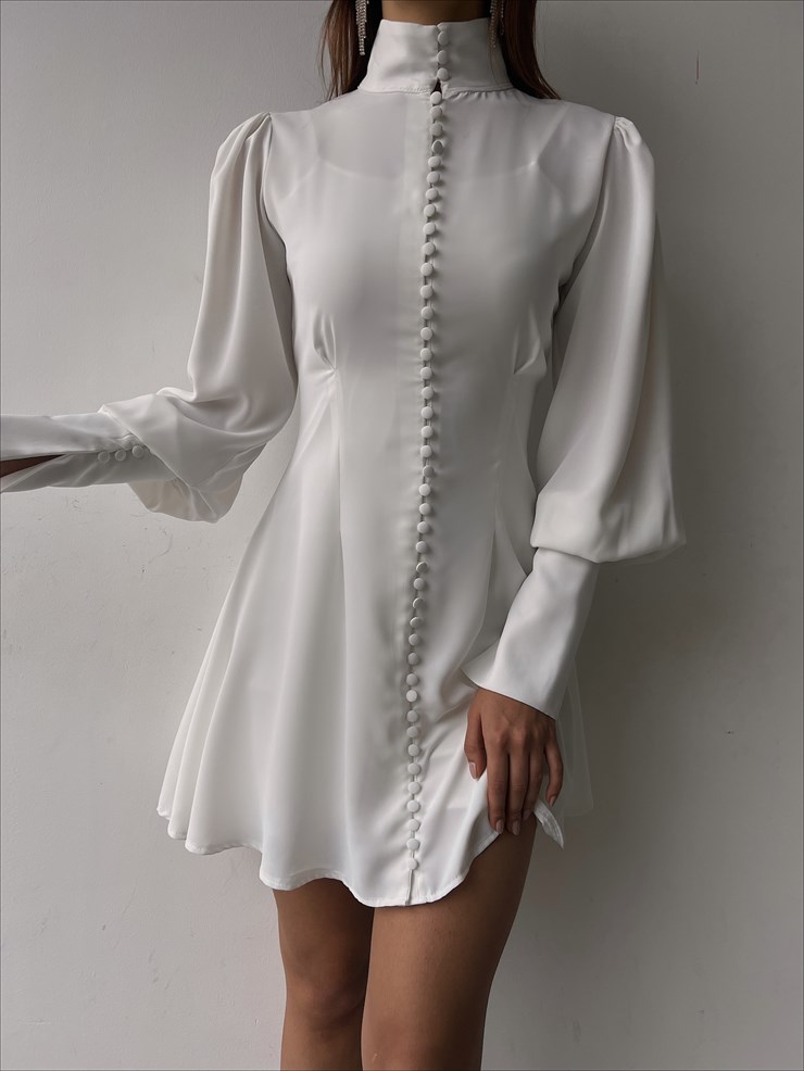 Önü Boydan Düğme Kapamalı Manşet Kol Lillesol Kadın Kısa Beyaz Elbise 23K000336