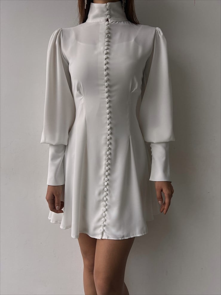 Önü Boydan Düğme Kapamalı Manşet Kol Lillesol Kadın Kısa Beyaz Elbise 23K000336