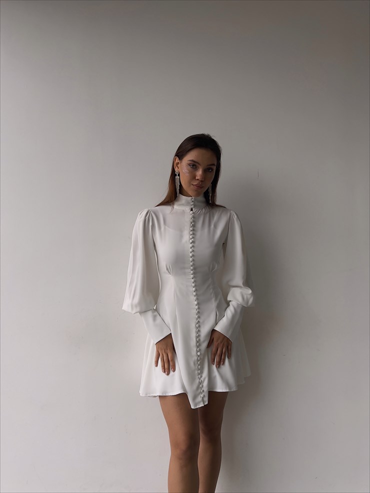 Önü Boydan Düğme Kapamalı Manşet Kol Lillesol Kadın Kısa Beyaz Elbise 23K000336