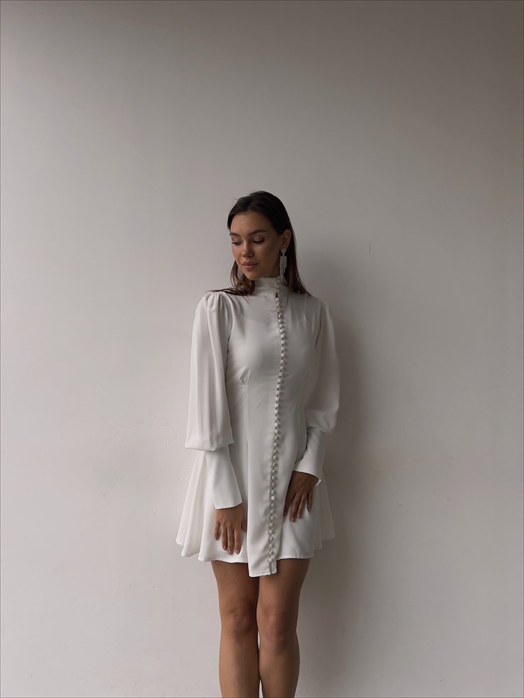 Önü Boydan Düğme Kapamalı Manşet Kol Lillesol Kadın Kısa Beyaz Elbise 23K000336
