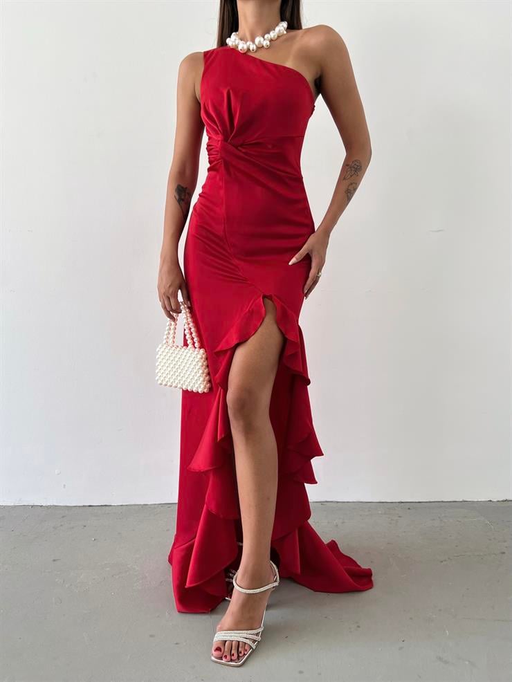 Tek Omuz Bel Kısmı Büzgü Detaylı Etek Ucu Fırfırlı Lilli Kadın Kırmızı Elbise 23Y000606