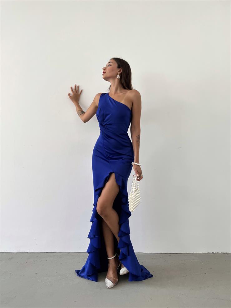 Tek Omuz Bel Kısmı Büzgü Detaylı Etek Ucu Fırfırlı Lilli Kadın Saks Elbise 23Y000606