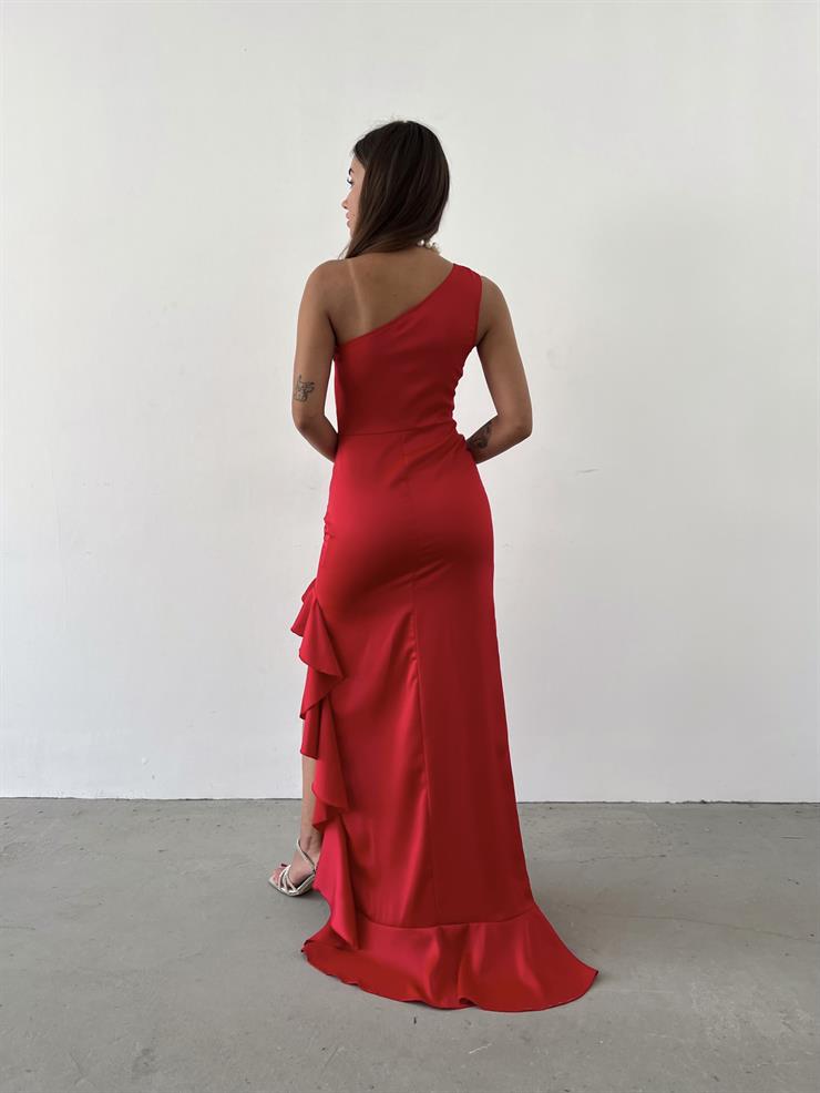 Tek Omuz Bel Kısmı Büzgü Detaylı Etek Ucu Fırfırlı Lilli Kadın Kırmızı Elbise 23Y000606