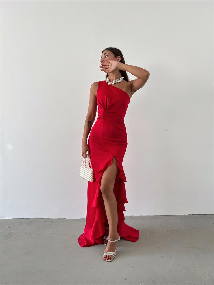 Tek Omuz Bel Kısmı Büzgü Detaylı Etek Ucu Fırfırlı Lilli Kadın Kırmızı Elbise 23Y000606