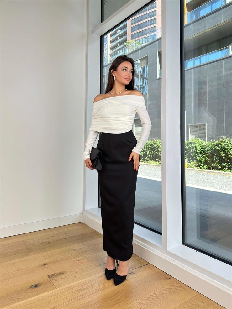 Uzun Kol Madonna Yaka Drapeli Limina Siyah Kadın Elbise 25K230