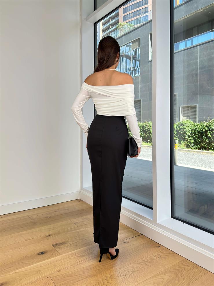 Uzun Kol Madonna Yaka Drapeli Limina Siyah Kadın Elbise 25K230