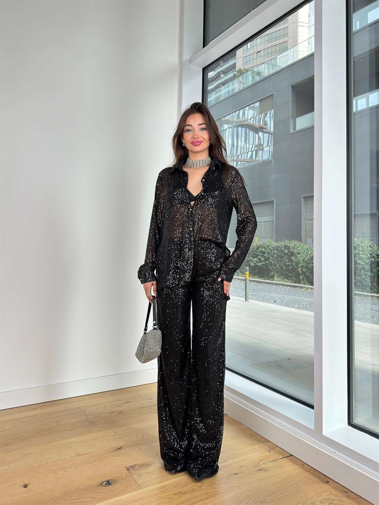 Yüksek Bel Bol Paça Payetli Linas Siyah Kadın Pantolon 25K323