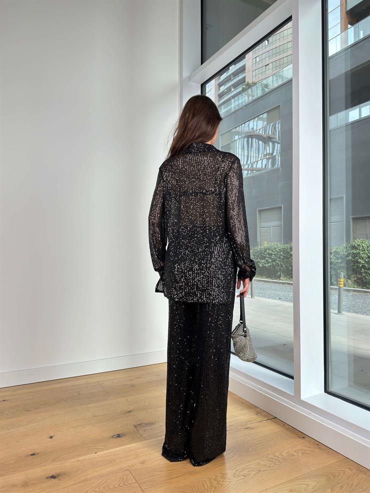 Yüksek Bel Bol Paça Payetli Linas Siyah Kadın Pantolon 25K323