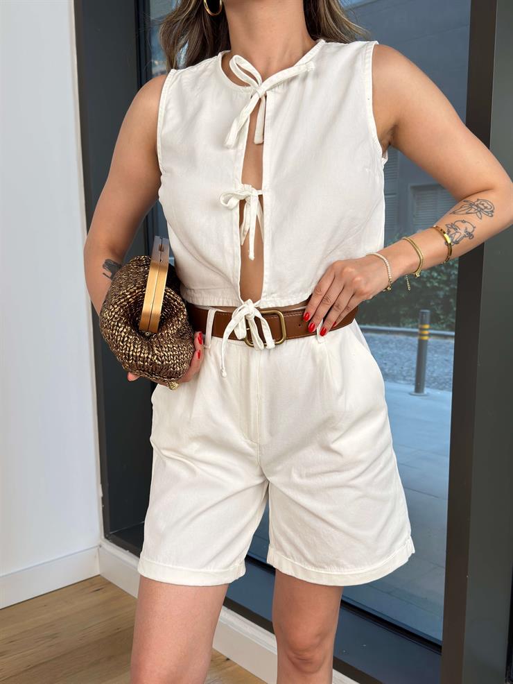 Önü Bağlama Detaylı Linca Ekru Kadın Crop Bluz 25Y492