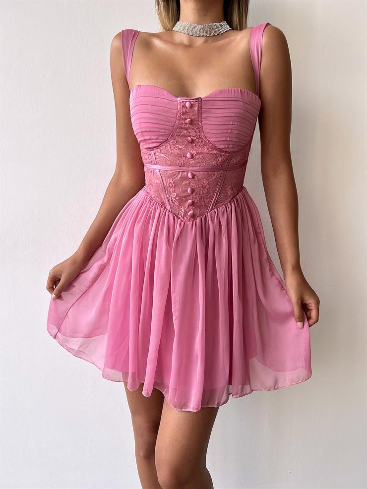 Transparan Dantel Görünümlü Önü Düğme Detaylı Lindeza Kadın Gül Kurusu Tül Mini Elbise 23Y000342