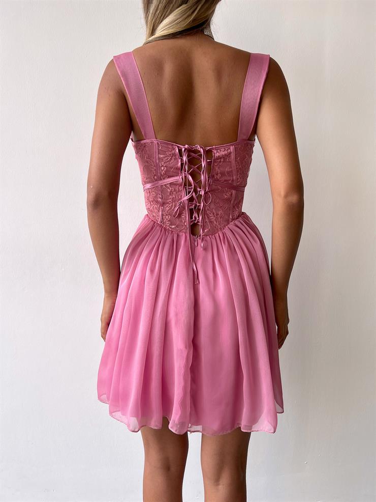 Transparan Dantel Görünümlü Önü Düğme Detaylı Lindeza Kadın Gül Kurusu Tül Mini Elbise 23Y000342