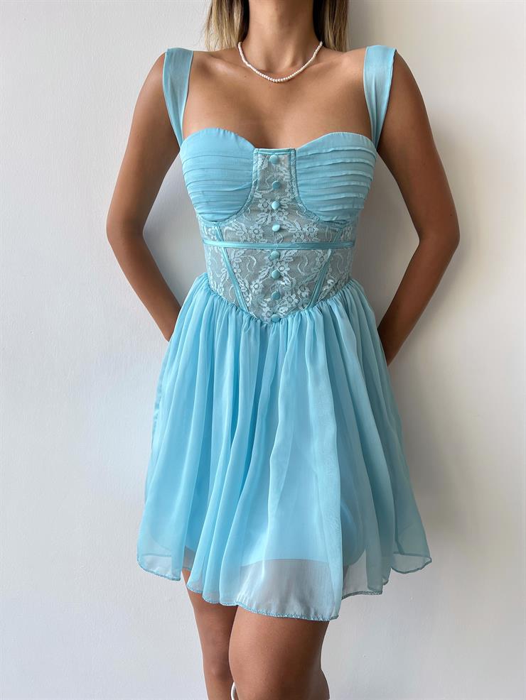 Transparan Dantel Görünümlü Önü Düğme Detaylı Lindeza Kadın Turkuaz Tül Mini Elbise 23Y000342