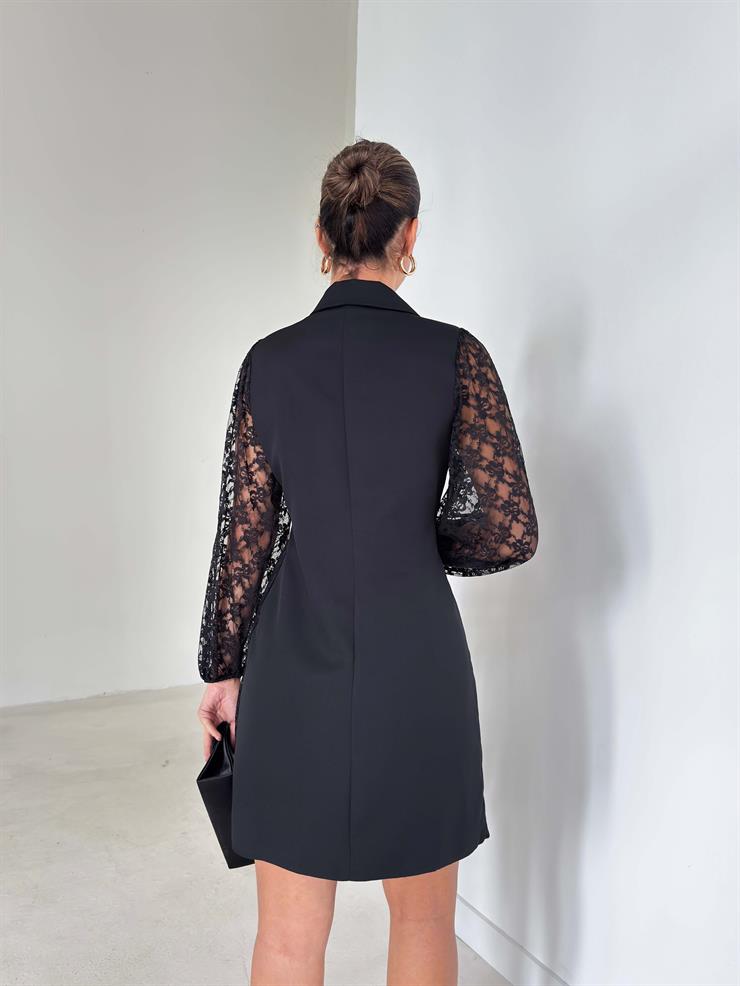 Kolları Dantelli Kruvaze Yaka Düğmeli Lindon Siyah Kadın Elbise 26K285