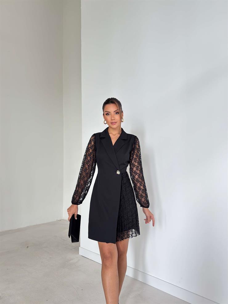 Kolları Dantelli Kruvaze Yaka Düğmeli Lindon Siyah Kadın Elbise 26K285