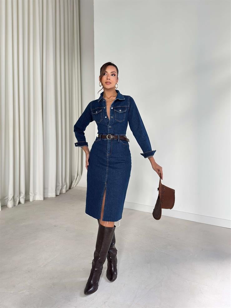 Önü Yırtmaçlı Düğmeli Cep Detaylı Linerda Lacivert Kadın Kot Elbise 26K261