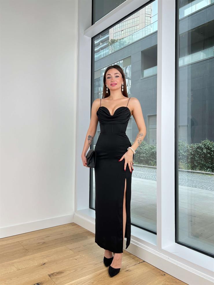 İnce Askılı Degaje Yaka Arkası Fiyonk Detaylı Lines Kadın Siyah Elbise 24Y210