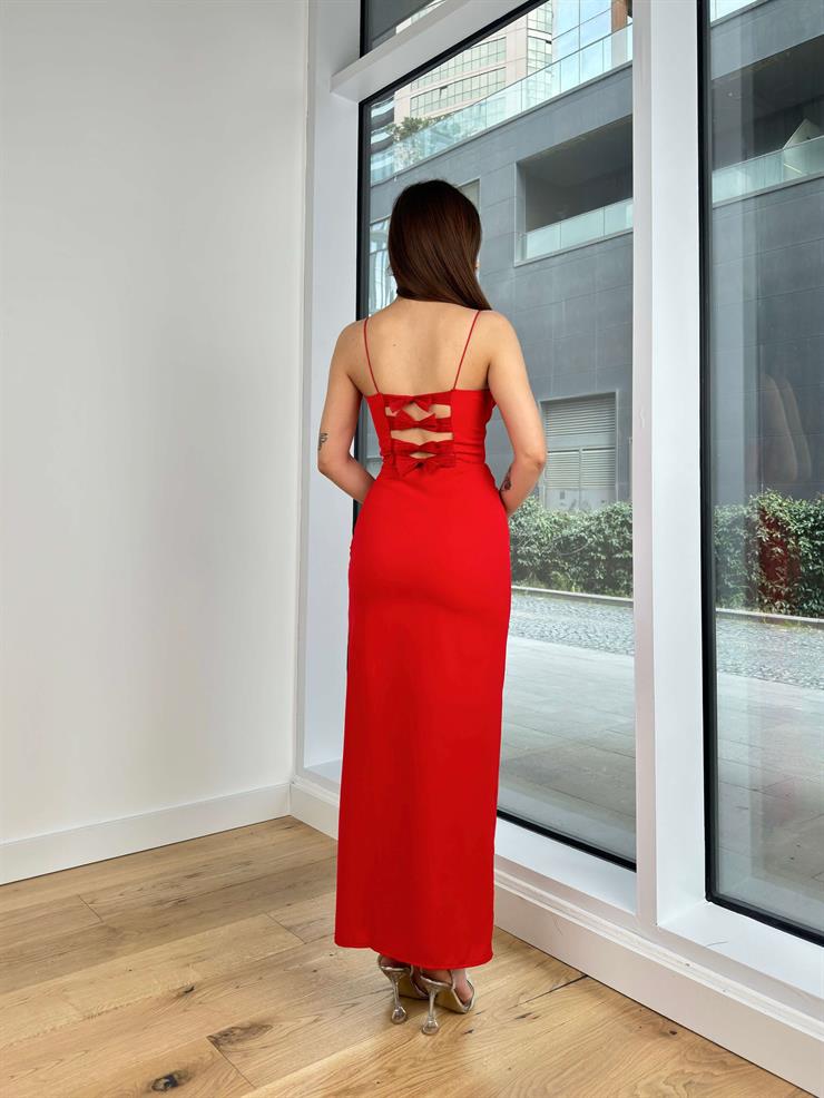 İnce Askılı Degaje Yaka Arkası Fiyonk Detaylı Lines Kadın Kırmızı Elbise 24Y210