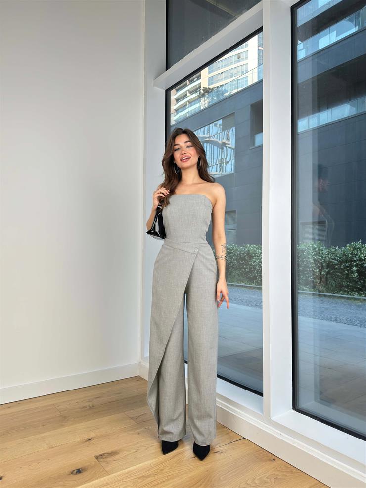 Straplez Arkası Gipeli Bol Paça Lınn Kadın Gri Tulum 24Y622