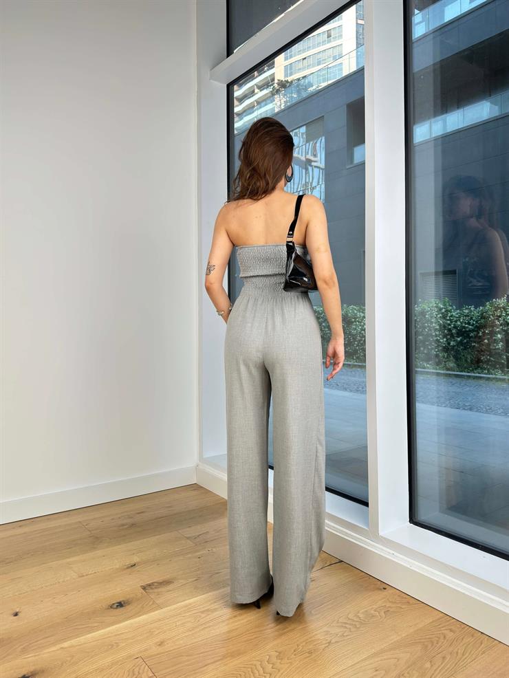 Straplez Arkası Gipeli Bol Paça Lınn Kadın Gri Tulum 24Y622