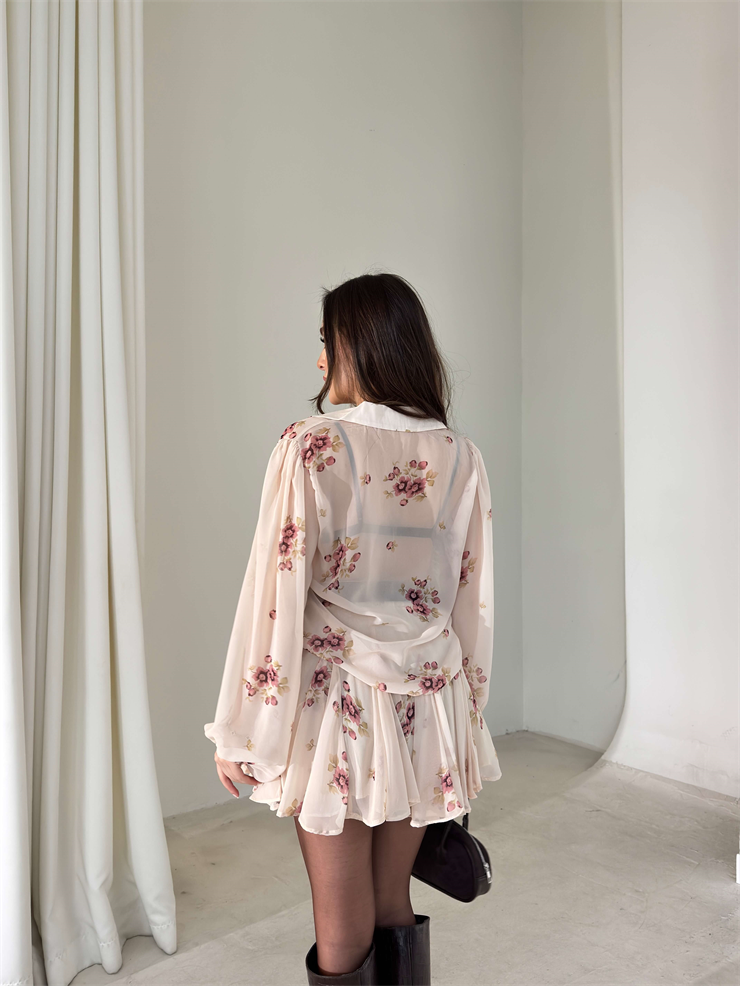 Desenli Transparan Gömlek Pileli Etek lirev Krem Kadın İkili Takım 26Y022