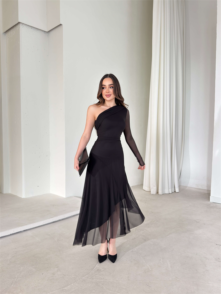 Asimetrik Kesim Tek Kol Tül Lirve Siyah Kadın Elbise 26Y040