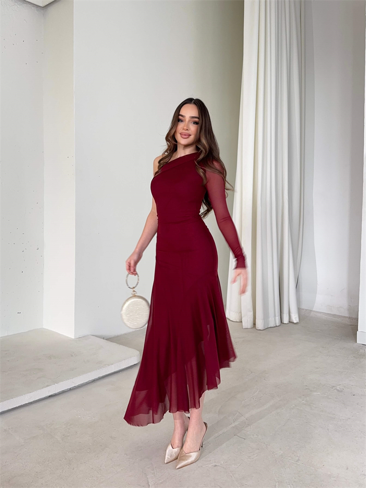 Asimetrik Kesim Tek Kol Tül Lirve Bordo Kadın Elbise 26Y040