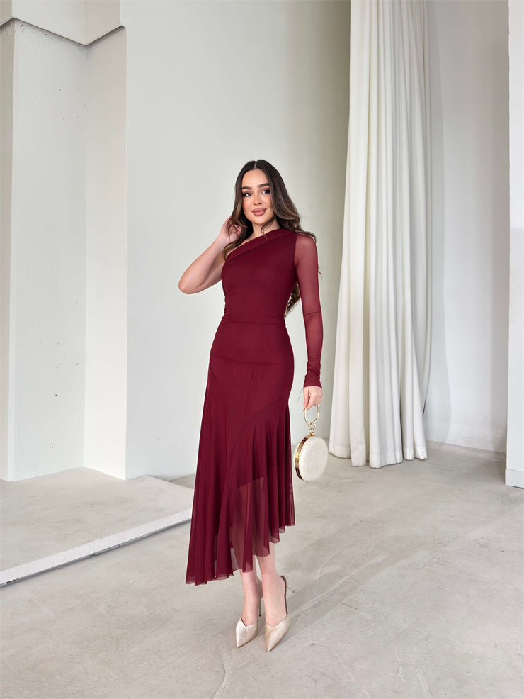 Asimetrik Kesim Tek Kol Tül Lirve Bordo Kadın Elbise 26Y040
