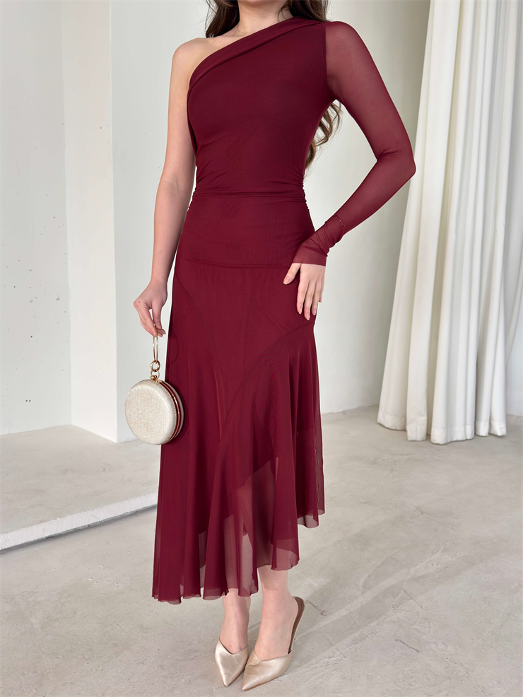 Asimetrik Kesim Tek Kol Tül Lirve Bordo Kadın Elbise 26Y040