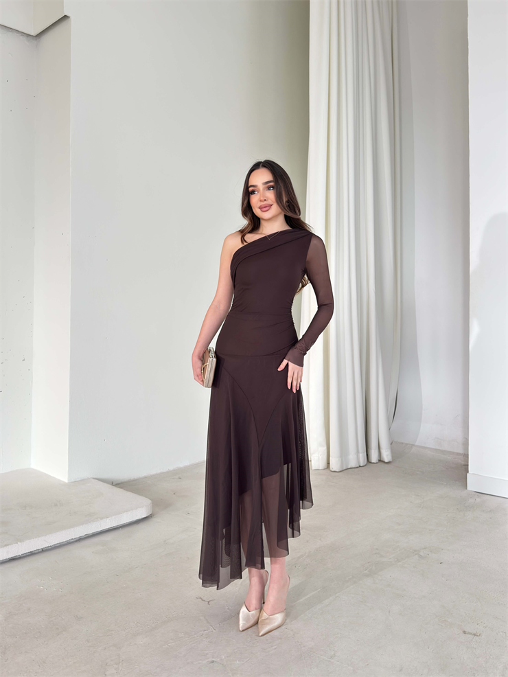 Asimetrik Kesim Tek Kol Tül Lirve Kahve Kadın Elbise 26Y040