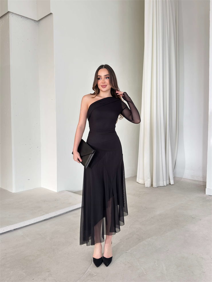 Asimetrik Kesim Tek Kol Tül Lirve Siyah Kadın Elbise 26Y040