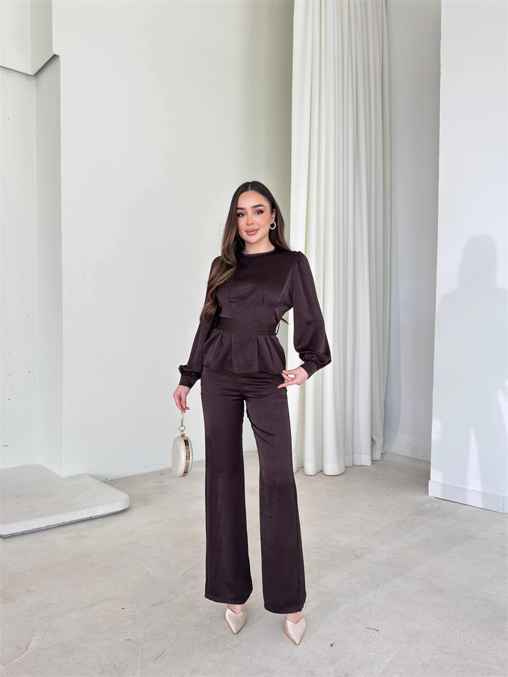 Kuşaklı Belden Oturtmalı Kolları Düğmeli Lirven Kahve Kadın İkili Takım 26Y053