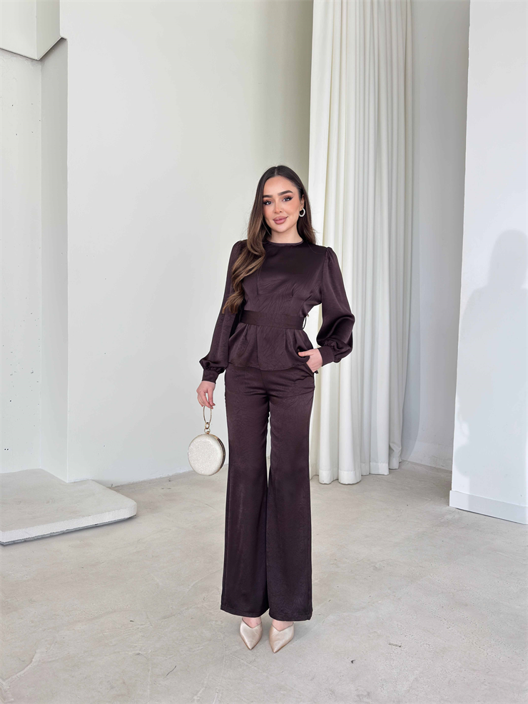 Kuşaklı Belden Oturtmalı Kolları Düğmeli Lirven Kahve Kadın İkili Takım 26Y053