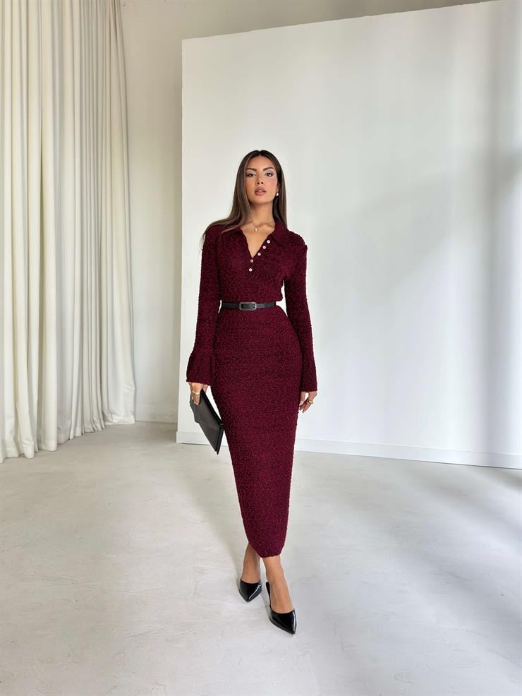 Düğme Detaylı Maxi Boy Lisa Bordo Kadın Elbise 26K021