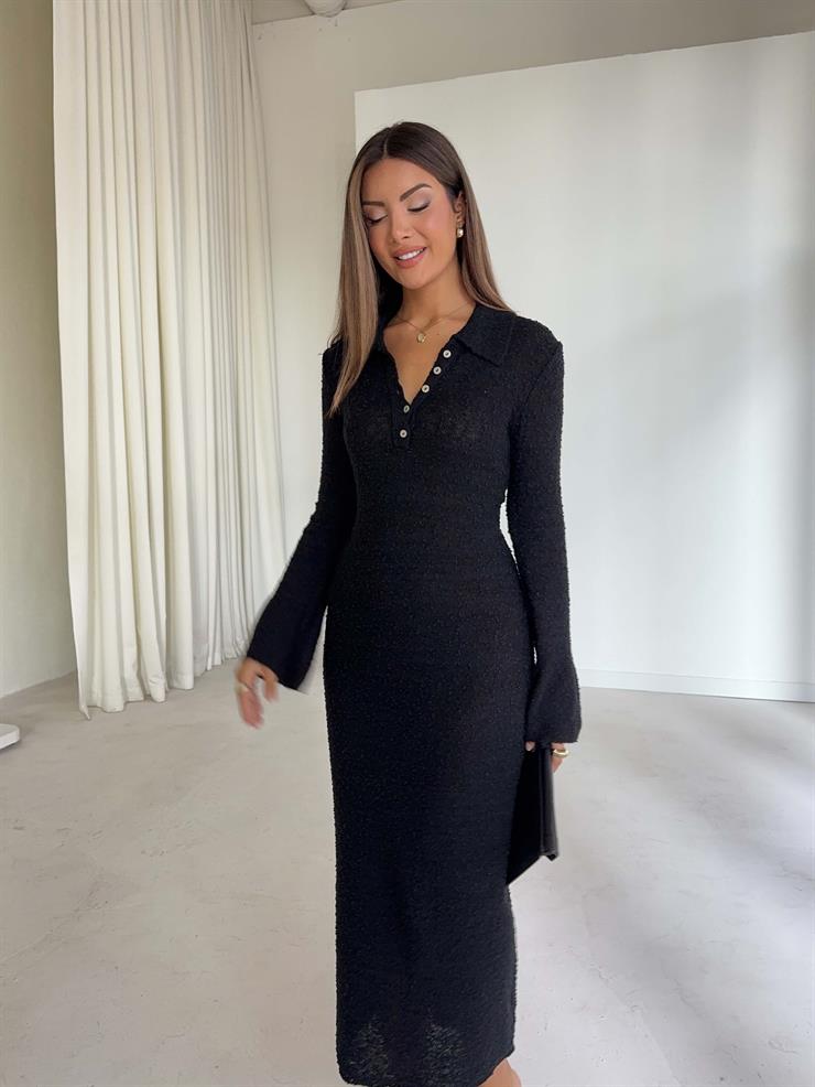 Düğme Detaylı Maxi Boy Lisa Siyah Kadın Elbise 26K021