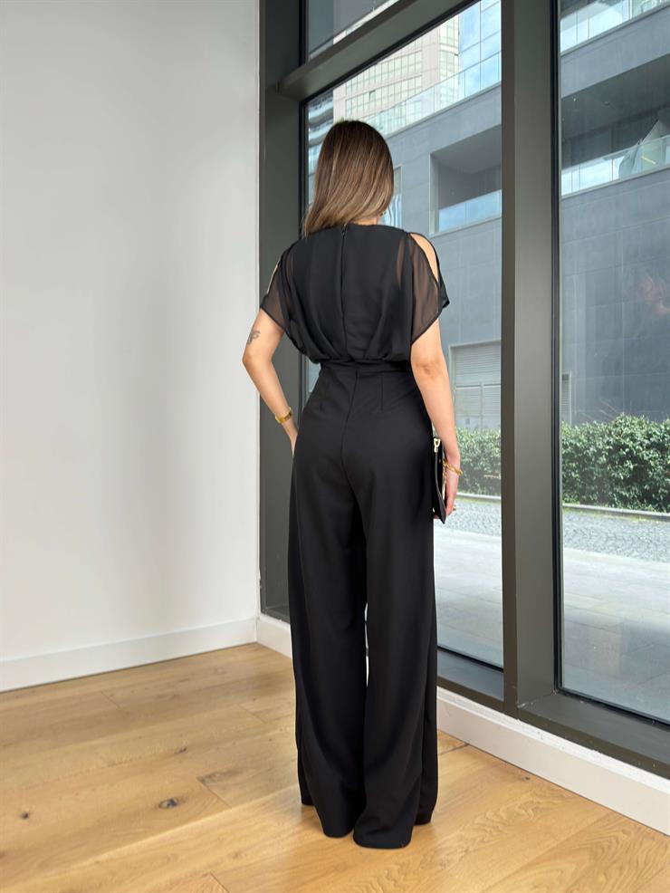 Kruvaze Yaka Bol Paça Lisamo Siyah Kadın Tulum 25Y056